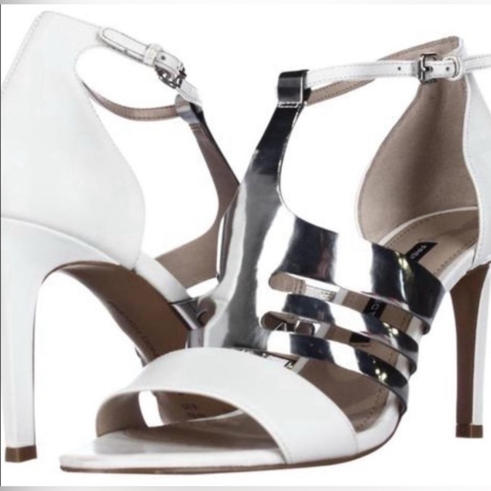 VGUC French Connection White/Silver T-Strap Heels 6.5